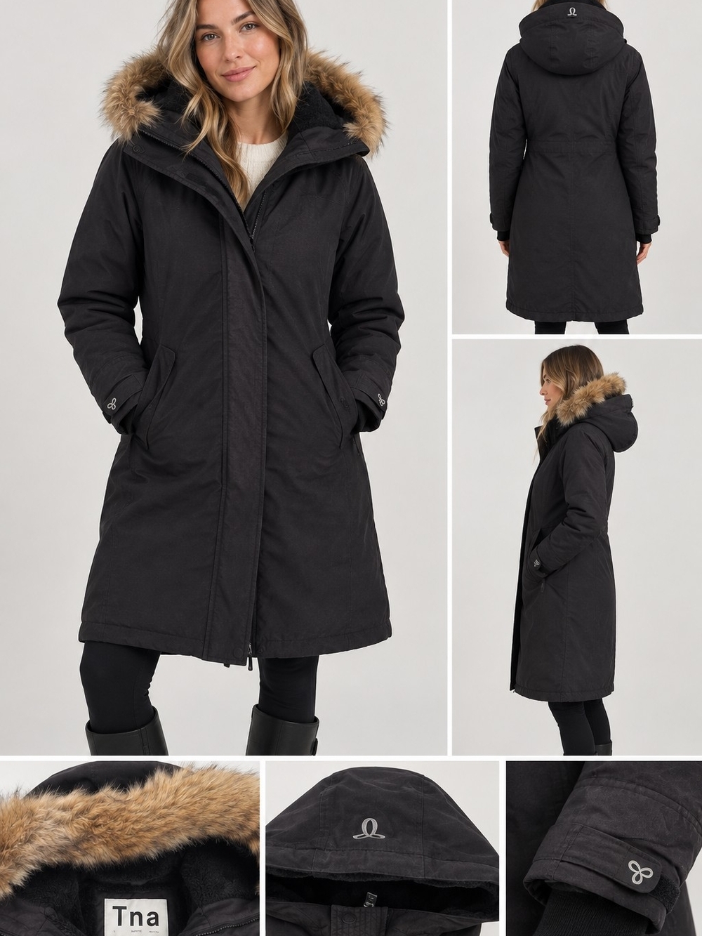 TNA Women's Black Parka Coat with Faux Fur Hood